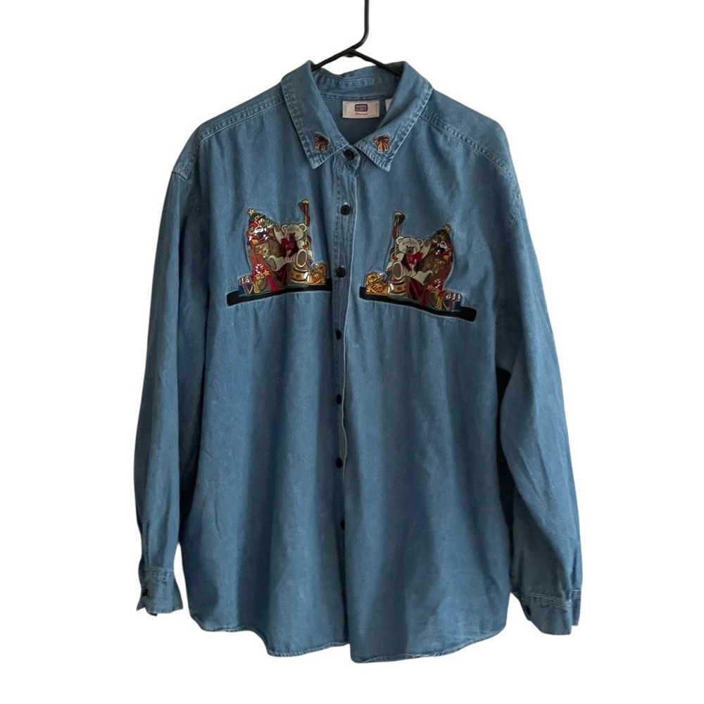 Vtg Faded Glory Denim Christmas Shirt Embroidered Teddy Bears Button Denim 22/24